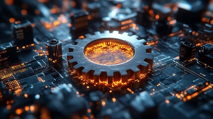  Digital 3d gear icon with binary code, artificial intelligence in system setting optimization, automation workflows, software customization options, and personalized user interfaces design 