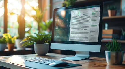 Fototapeta premium Professional workspace featuring a desktop computer with an online shopping website and a customer support email open, with copy space. Generative AI.
