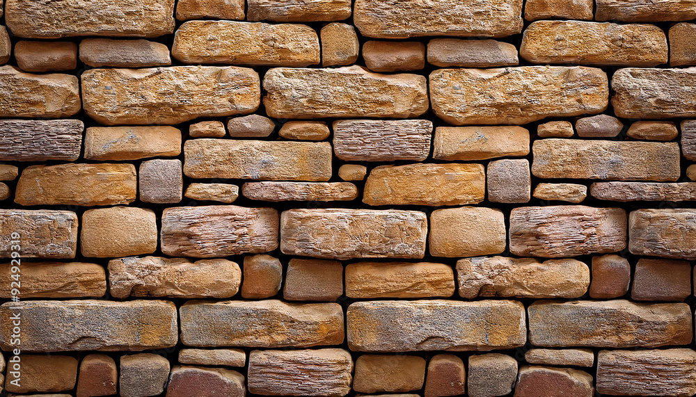 Poster textured pattern of interlocking multi-sized sandstone bricks in earthy tones of beige tan brown, st