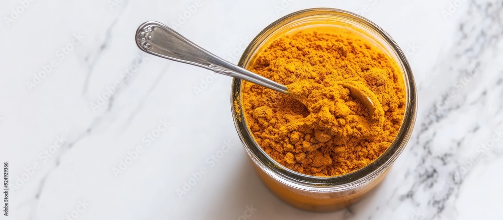 Aufkleber curry powder in a glass with a spoon on a white marble table top view copyspace available