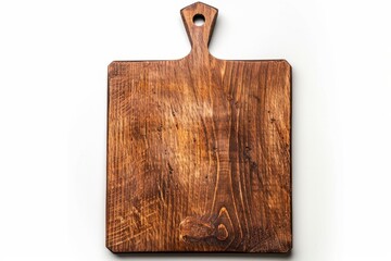 Fototapeta premium Wooden cutting board on a white background. Rustic style kitchen accessory. Ideal for chopping or serving. Conceptual home cooking. Perfect for food photos. Generative AI