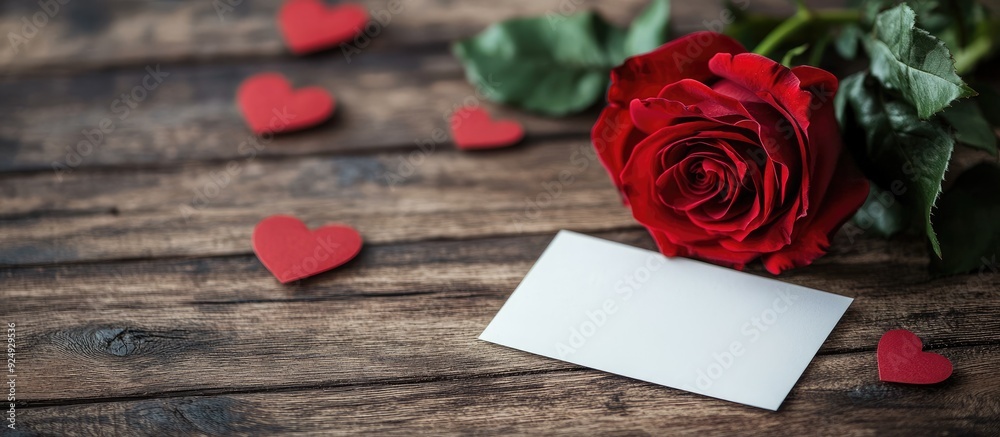 Aufkleber red rose hearts and card for congratulations on a wooden backdrop greeting card suitable for valenti