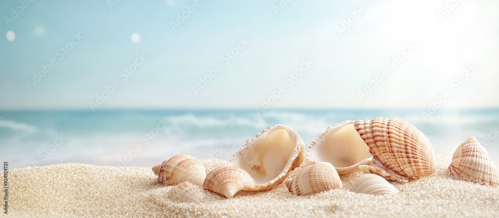 Poster seashells on a sandy beach summer vacation backdrop by the sea. with copy space image. place for add