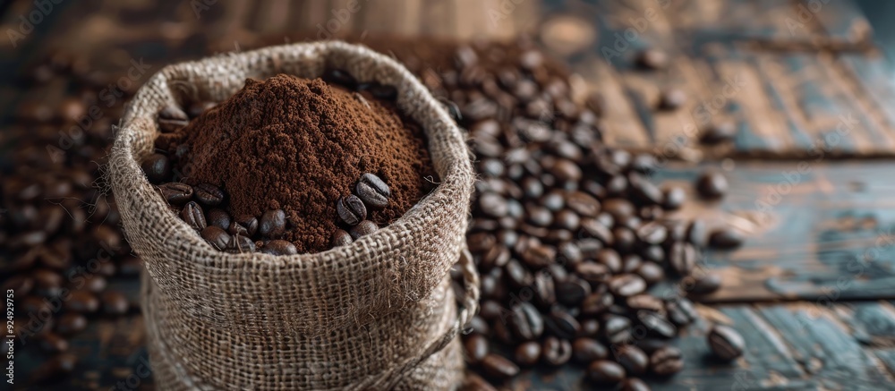 Aufkleber bag of coffee beans on a wooden surface. with copy space image. place for adding text or design