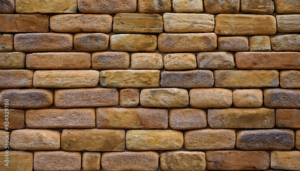 Poster textured pattern of interlocking multi-sized sandstone bricks in earthy tones of beige tan brown, st