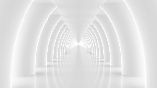 Futuristic empty white corridor with columns and bright light. Seamless looping animation