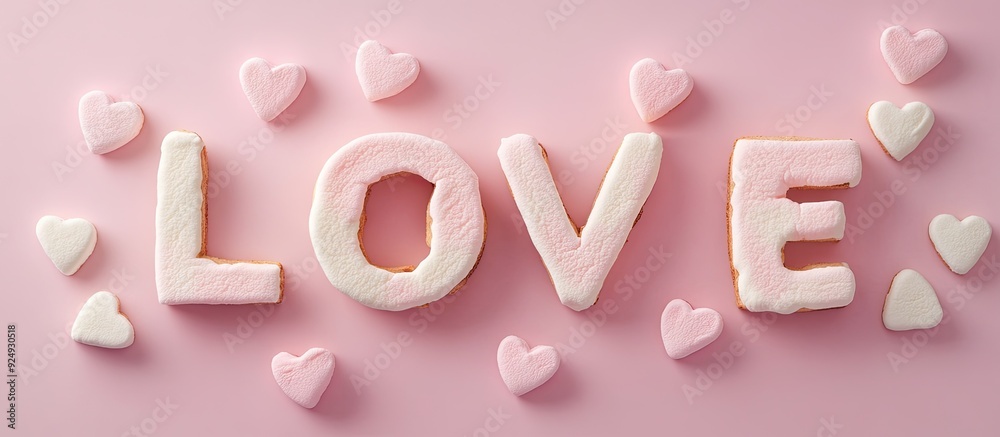 Poster Top view of the word LOVE made from wooden letters and heart shaped marshmallows on a pink background. with copy space image. Place for adding text or design