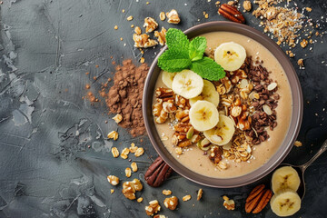 A healthy bowl of smoothie with banana, peanuts, pecans and chocolate