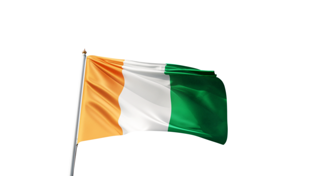 Flag of côte d'ivoire on a transparent background, png, flag on a flag pole waving in the wind, african country, national symbol of Ivory coast, picture of a flag
