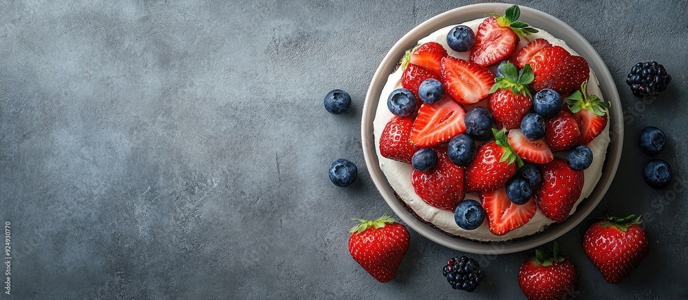 Poster cheesecake topped with strawberries and blueberries on a concrete background or surface top view fea