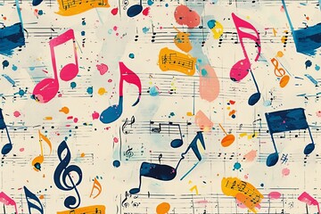  A lively pattern featuring colorful musical notes on sheet music, with whimsical notes in bright colors dancing around the staves. The background includes traditional notation elements