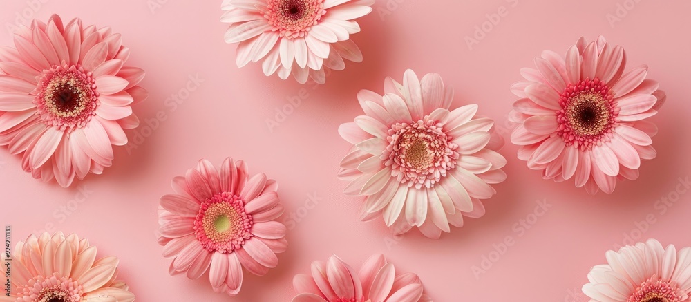 Poster soft beige gerbera flowers arranged in a row on a pink background a minimal modern floral concept fe