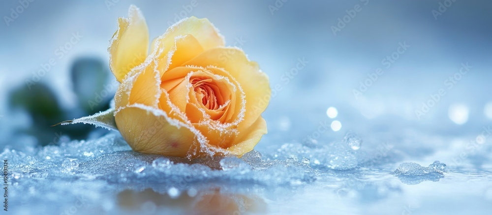 Poster frozen yellow rose beneath melting ice authentic winter photography. with copy space image. place fo