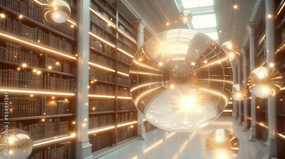 Aufkleber A surreal library where knowledge is stored in floating orbs of light, each one representing a different book. Generative AI.