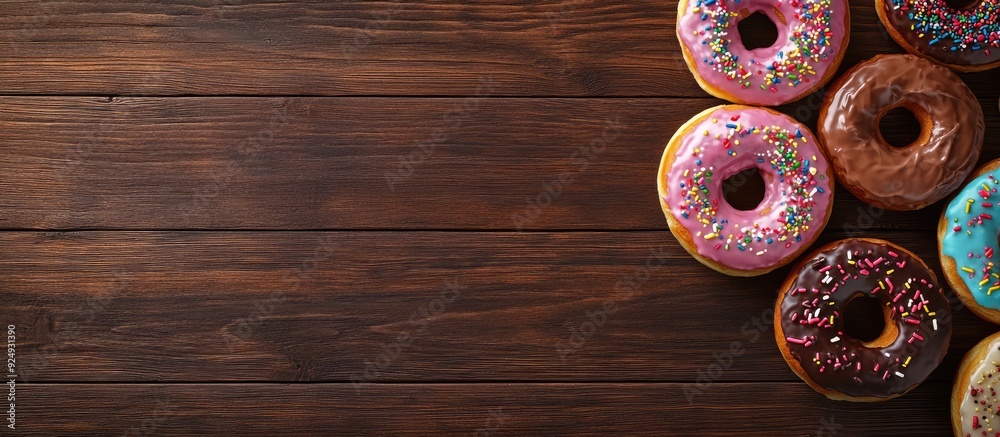 Aufkleber Assorted donuts on a wooden background viewed from above with empty space for text Chocolate and vanilla frosted donuts adorned with colorful sprinkles Glazed donuts with sprinkles on a wooden surfac