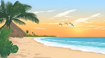 Fototapeta premium Latin American Sunset Beach Illustration, Spanish Heritage Charm, Serene Evening Scene