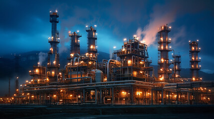 Fototapeta premium Industrial refinery with numerous chimneys bright lights night, emitting smoke during picturesque