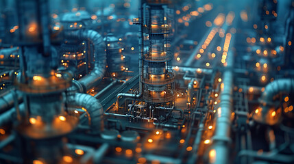 Fototapeta premium Low angle close up shot of complex pipeline networks of an oil refinery, taken soft morning light