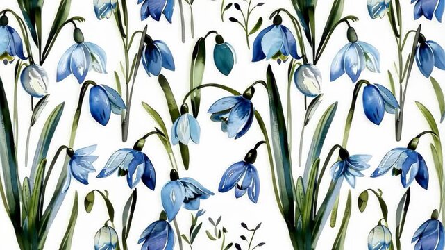 Seamless pattern of snowdrops in various shades of blue, with delicate green leaves and grasses.