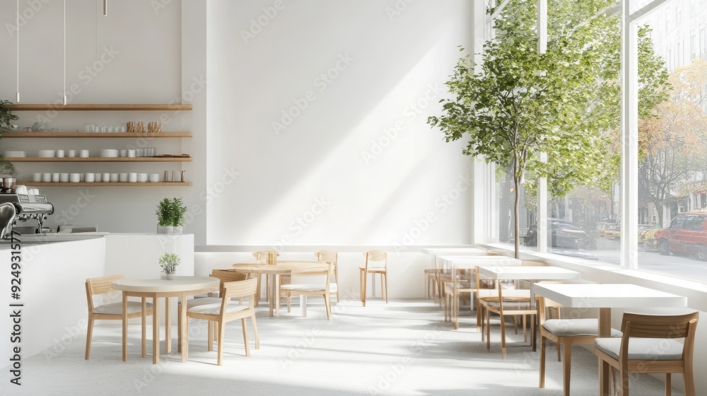 Poster A bright cafe features wooden tables and chairs, large windows allowing ample sunlight, and a touch of greenery, creating a welcoming atmosphere.