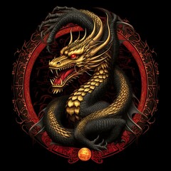 Obraz premium Golden dragon twisting in a circular frame with red and black details, showcasing fierce expression and intricate design