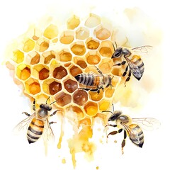 Watercolor painting of bees on a honeycomb.