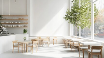 Obraz premium A bright cafe features wooden tables and chairs, large windows allowing ample sunlight, and a touch of greenery, creating a welcoming atmosphere.