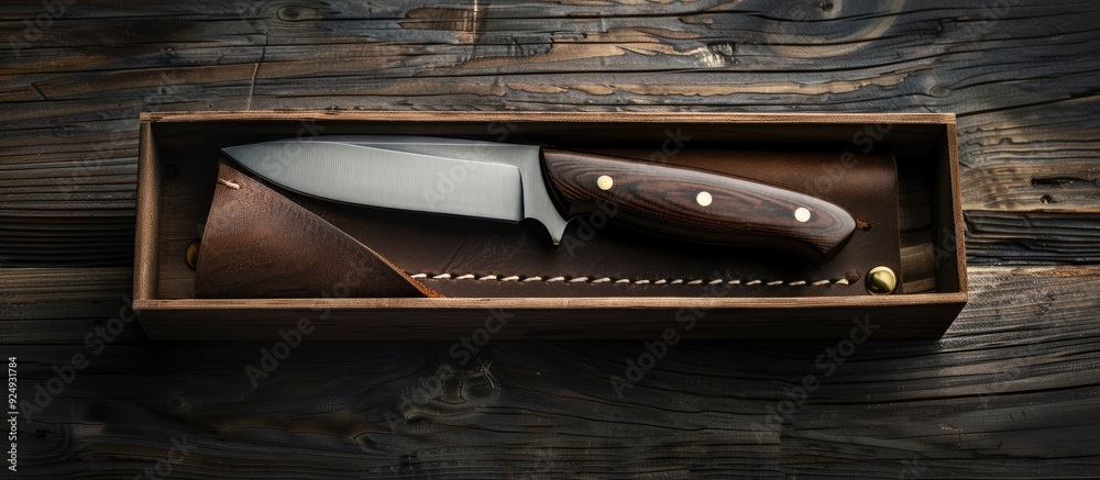 Poster Knife with a fixed handle in a gift box accompanied by a leather sheath and oil for impregnation set on paper and a dark background. with copy space image. Place for adding text or design