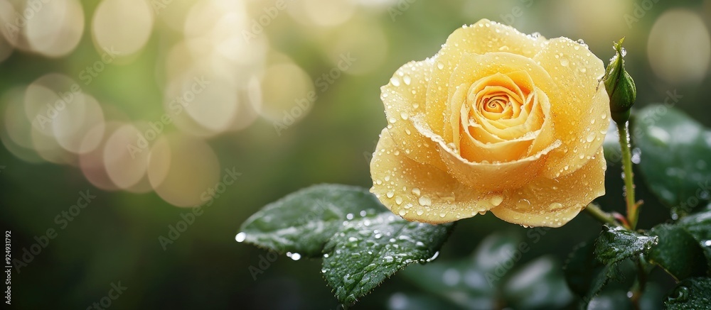Leinwandbilder yellow rose with water droplets during spring rain. with copy space image. place for adding text or 