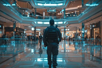 Obraz premium Dynamic mall interior. A lone figure stands in a modern shopping mall. Bright lights and busy atmosphere define the space. This photo can be used for security themes or futuristic concepts