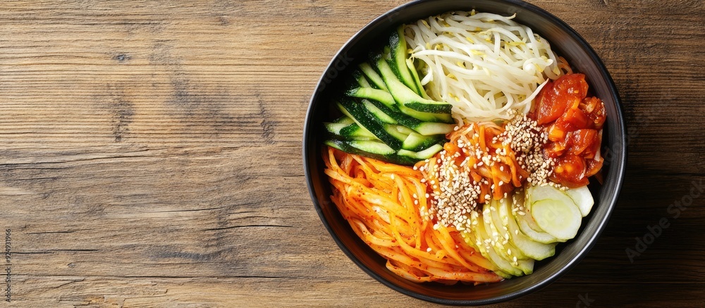 Poster korean cuisine features namul marinated vegetables and cold noodles for a healthy summer meal. with 