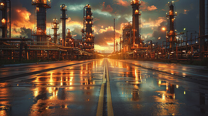 Fototapeta premium Industrial factory with complex piping networks of an oil refinery, smokestacks emitting steam
