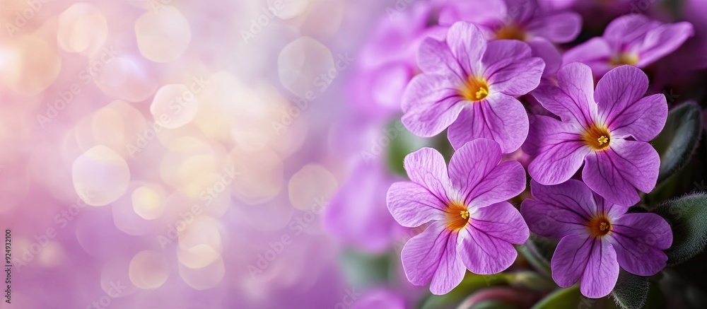Poster purple primrose blossoms. with copy space image. place for adding text or design