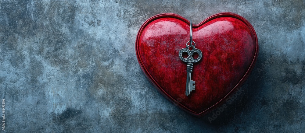 Aufkleber Heart shaped box with a key against a grey backdrop. with copy space image. Place for adding text or design