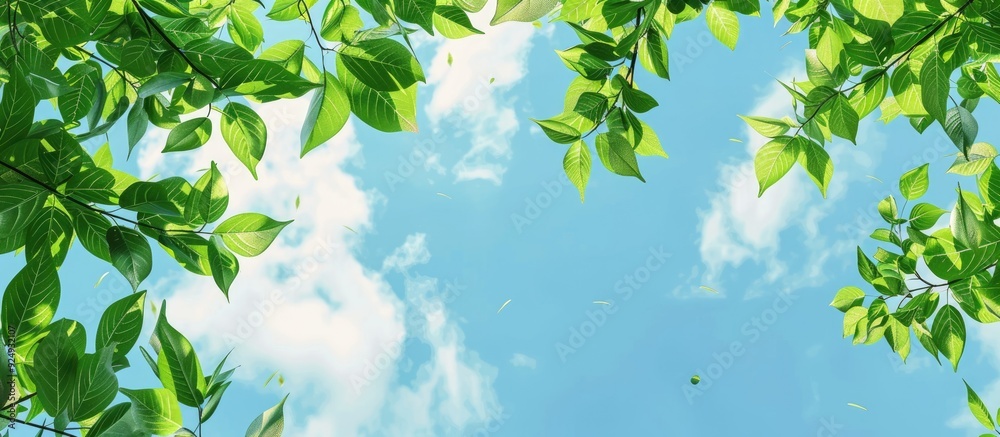 Poster Blue sky and green tree leaves with copy space for text and design