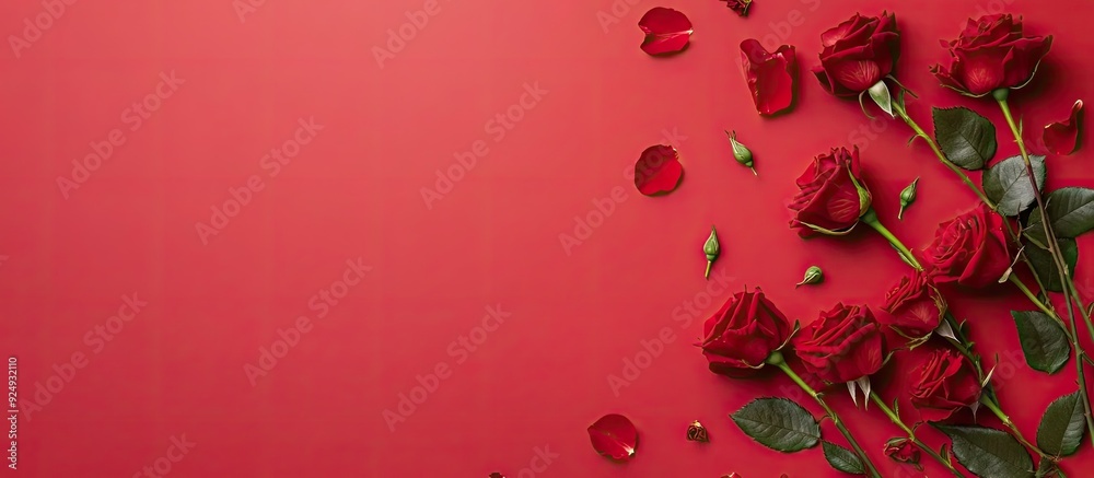 Poster Composition of roses and decorative accents arranged in a frame flat lay top view. with copy space image. Place for adding text or design