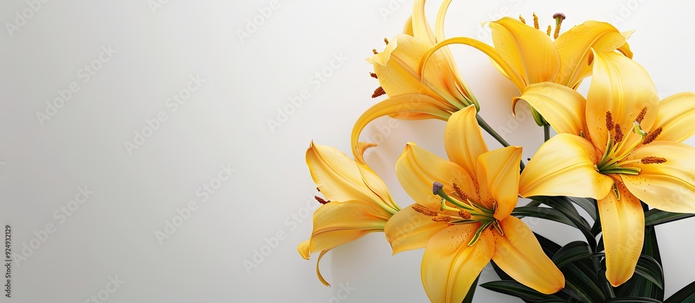 Aufkleber Lovely yellow lilies on a white backdrop. with copy space image. Place for adding text or design