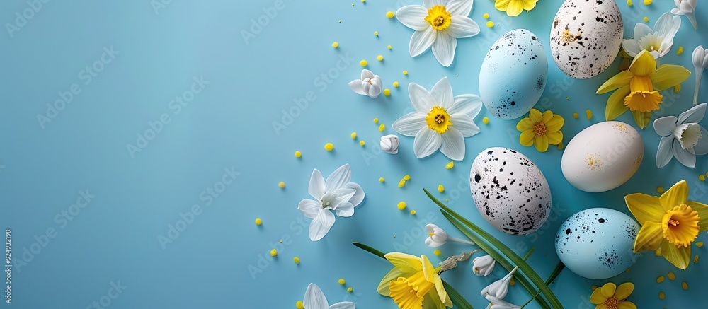 Poster easter egg decorated with flowers an arrangement of easter food with space for text. with copy space