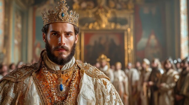 Noble king wearing a crown in lavish medieval court