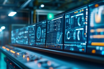 Obraz premium Close-up of a modern control room with multiple screens displaying data and analytics in a high-tech environment.