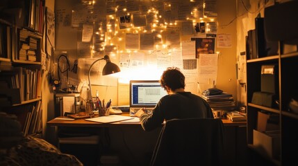 A serene photo of a student studying late at night in a cozy dorm room, with textbooks and notes spread out on a desk, illuminated by a desk lamp, capturing the dedication and hard work involved in