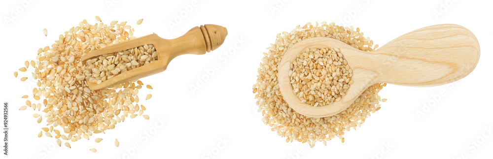 Poster Sesame seeds in wooden scoop isolated on white background. Top view. Flat lay