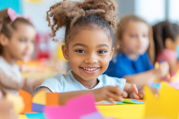 Fototapeta premium Smiling young girl engaged in arts and crafts activity with classmates in a bright classroom during afternoon hours