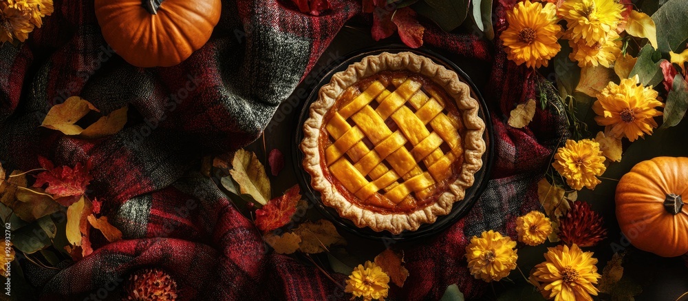 Aufkleber autumn arrangement featuring pumpkins yellow tea flowers a cozy plaid and hat with a pumpkin pie in 