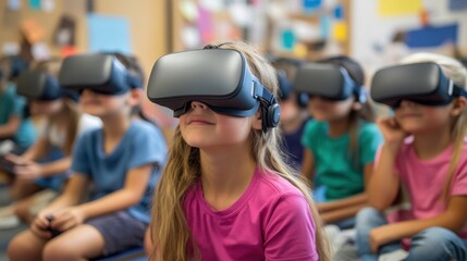 A classroom filled with students using VR headsets, exploring a virtual world, guided by a teacher who is facilitating the experience, demonstrating the integration of emerging technologies in