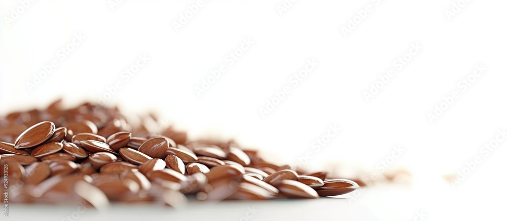 Poster Flax seeds on sipano at the edge of the frame against a white background with copyspace