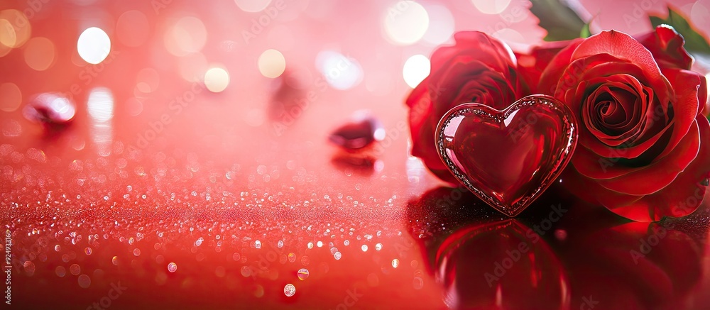 Poster valentine s day greeting card featuring hearts and roses on a shiny red backdrop with copy space