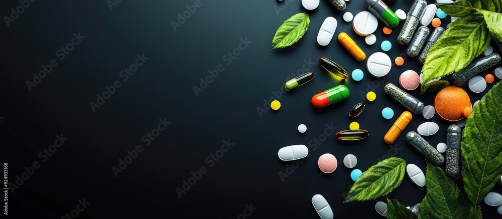 Poster Health care vitamins set against a dark background. with copy space image. Place for adding text or design