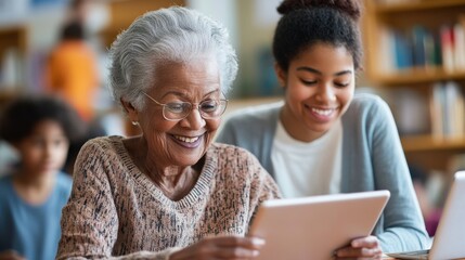 A senior citizen using a tablet in a technology class, with the help of a younger instructor, smiling as they learn new digital skills, representing the inclusivity and accessibility of modern