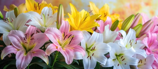 Fototapeta premium A bouquet of pink yellow and white lilies set against a white background. with copy space image. Place for adding text or design